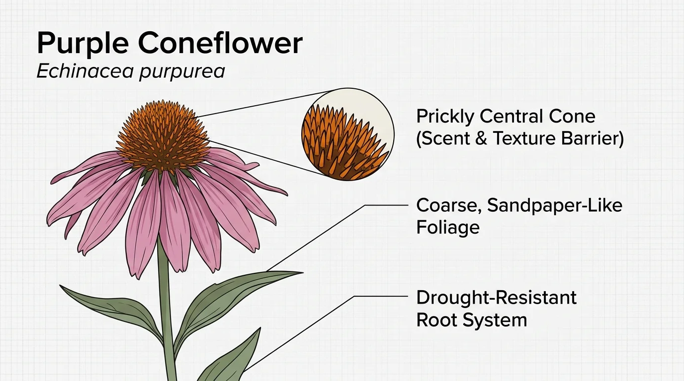 A botanical diagram of a purple coneflower labeling its prickly central cone and coarse foliage that deter deer.