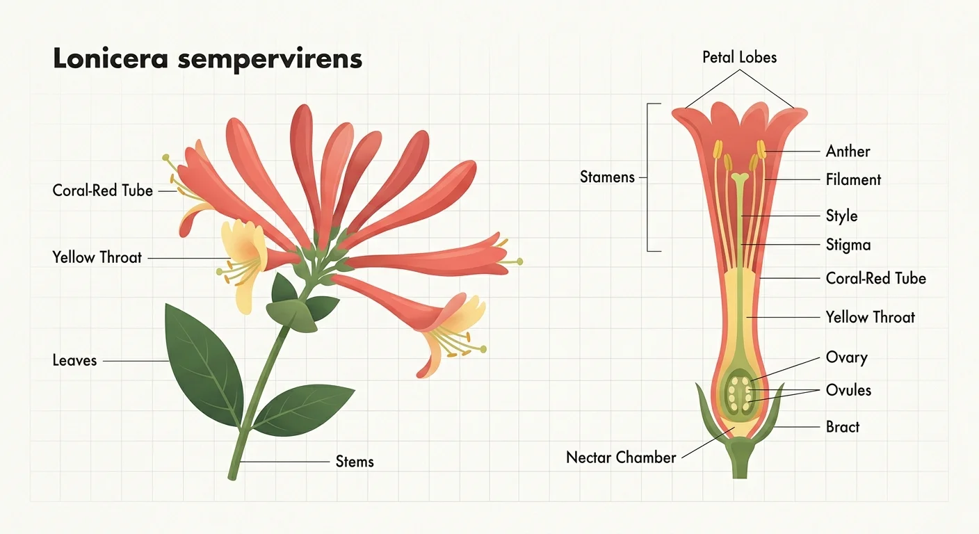 A botanical diagram showing the cross-section of a trumpet honeysuckle flower with labels pointing to the nectar chamber.