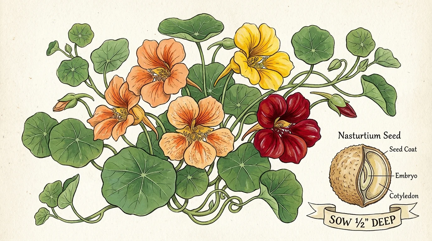 A botanical gouache illustration of nasturtium flowers, shield-shaped leaves, and a large seed labeled for planting depth.