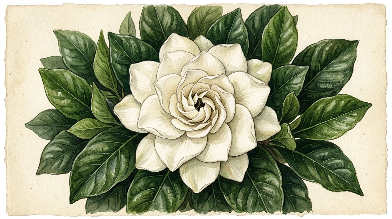 A botanical watercolor and gouache study of a single creamy white gardenia bloom.