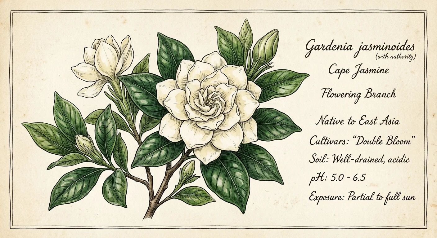 A botanical watercolor and ink illustration of a creamy white gardenia bloom with glossy green leaves and handwritten soil pH notes.