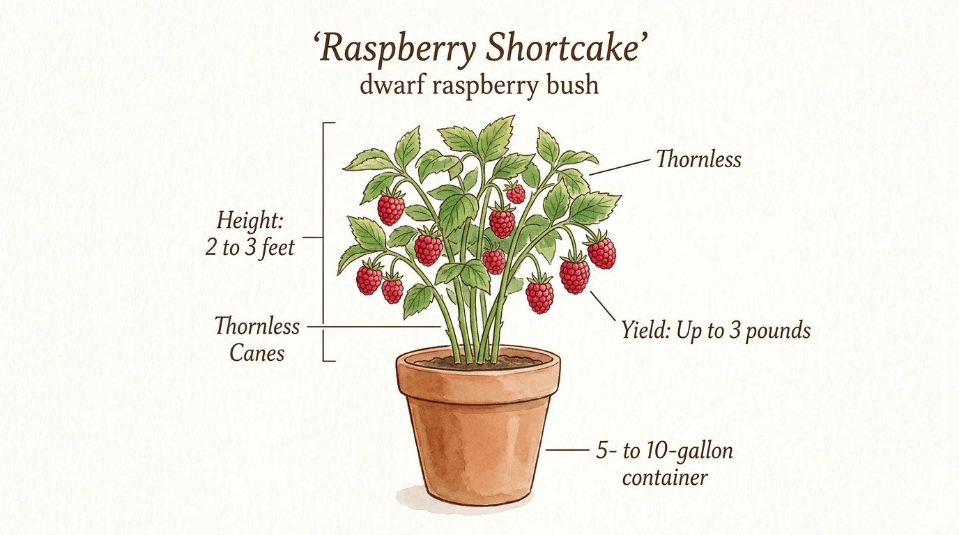 A botanical watercolor diagram showing a thornless Raspberry Shortcake plant with callouts for its height and container size.