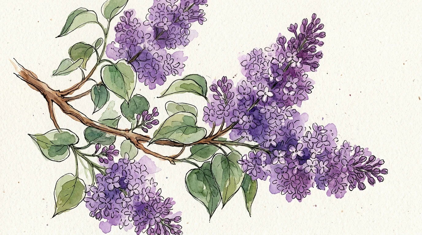 A botanical watercolor illustration of a purple common lilac branch on textured paper.