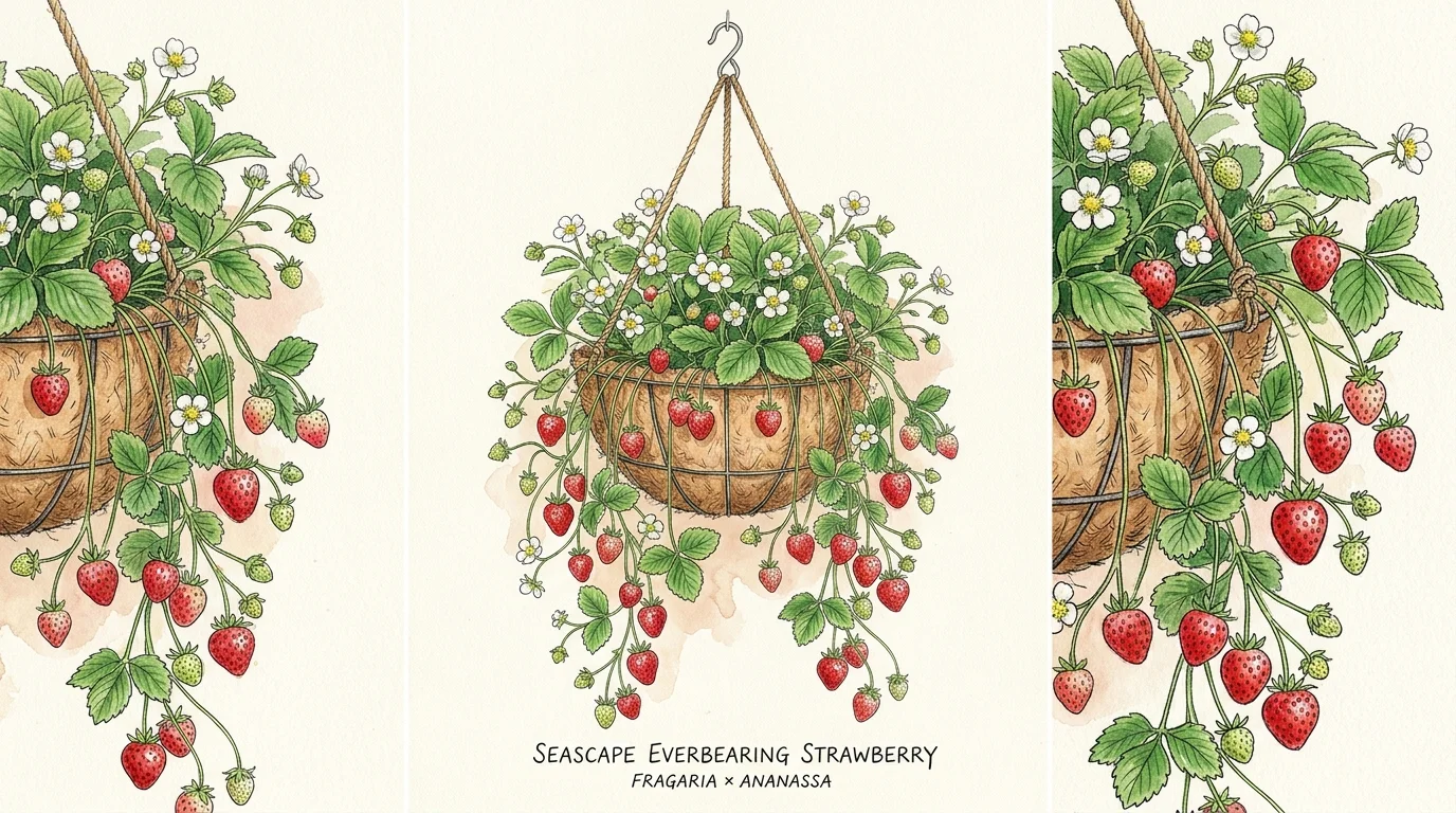 A botanical watercolor illustration of a strawberry plant with trailing runners and ripe red berries in a hanging basket.