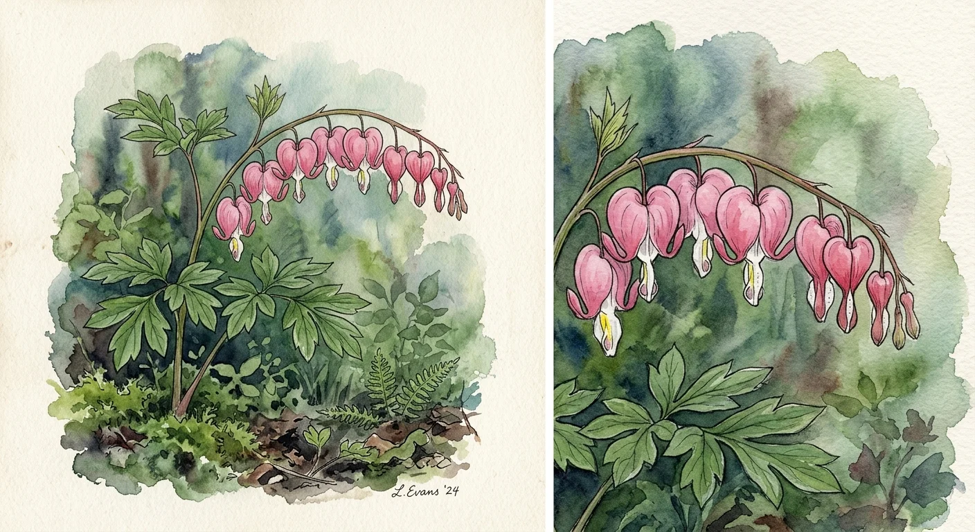 A botanical watercolor illustration of arching pink stems holding heart-shaped bleeding heart flowers in a shady garden.