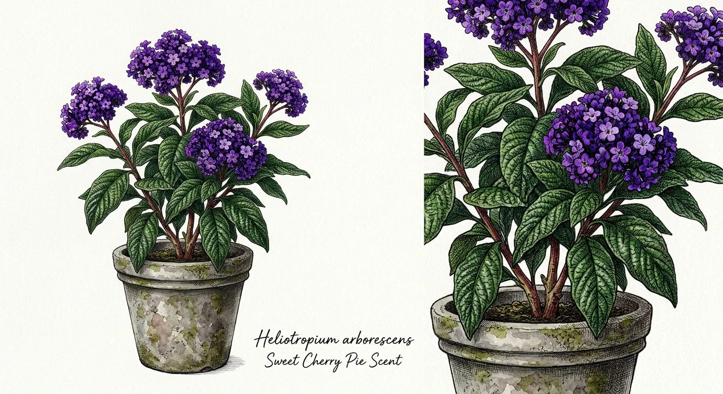 A botanical watercolor illustration of deep purple heliotrope flowers in a grey stone pot, labeled with its cherry pie scent.