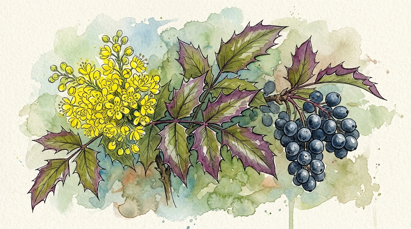 A botanical watercolor illustration of Oregon Grape Holly with spiky purple-edged leaves, yellow flowers, and blue berries.