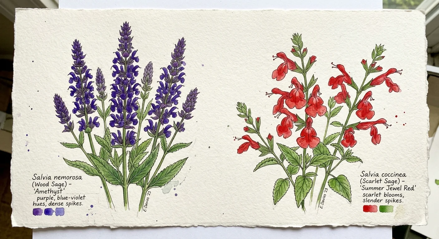 A botanical watercolor illustration of purple and scarlet salvia flower spikes on textured cream paper.