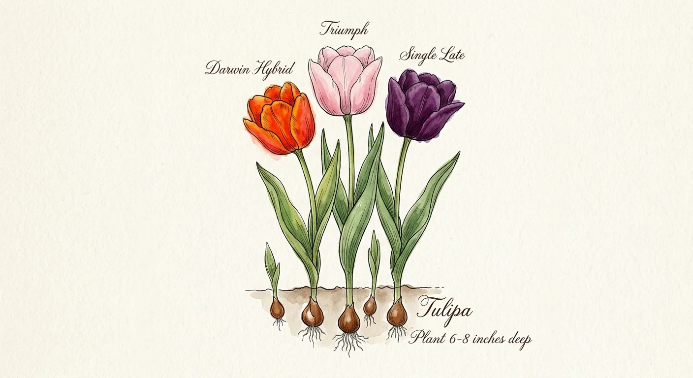 A botanical watercolor illustration of three different tulip varieties showing their bulbs beneath the soil line.