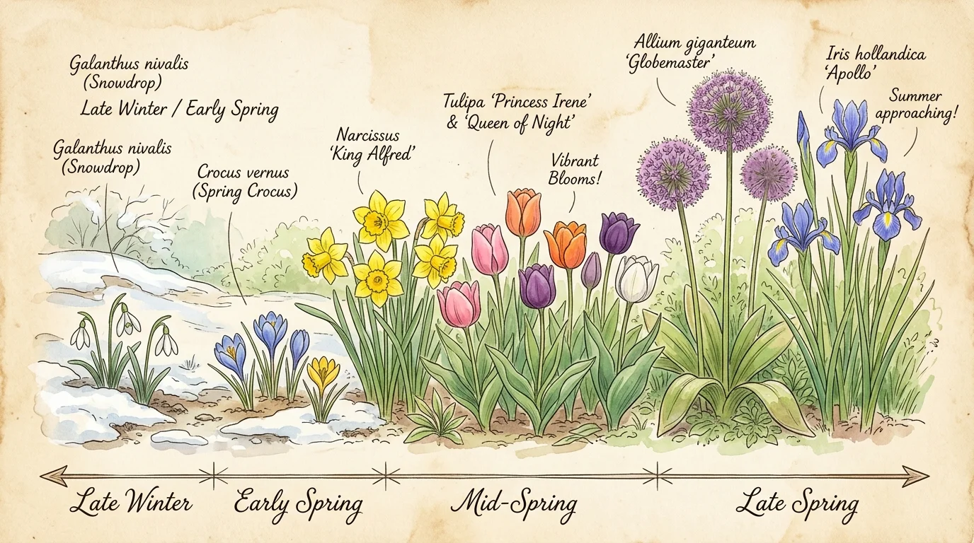 A botanical watercolor illustration showing the planting timeline and bloom succession of spring bulbs from winter to late spring.