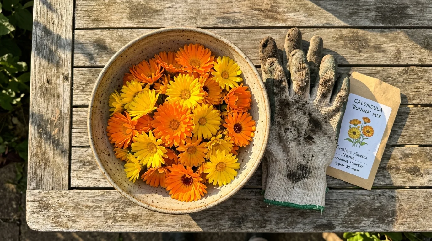 A bowl of freshly harvested orange and yellow calendula flowers on a sunny wooden outdoor table next to gardening gloves.