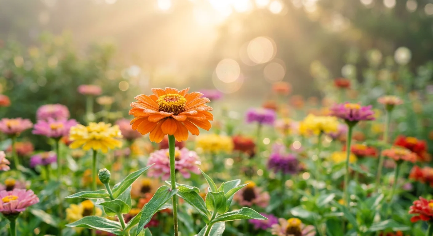 A bright orange zinnia flower in sharp focus with colorful pink and yellow zinnias blurred in the sunny background.