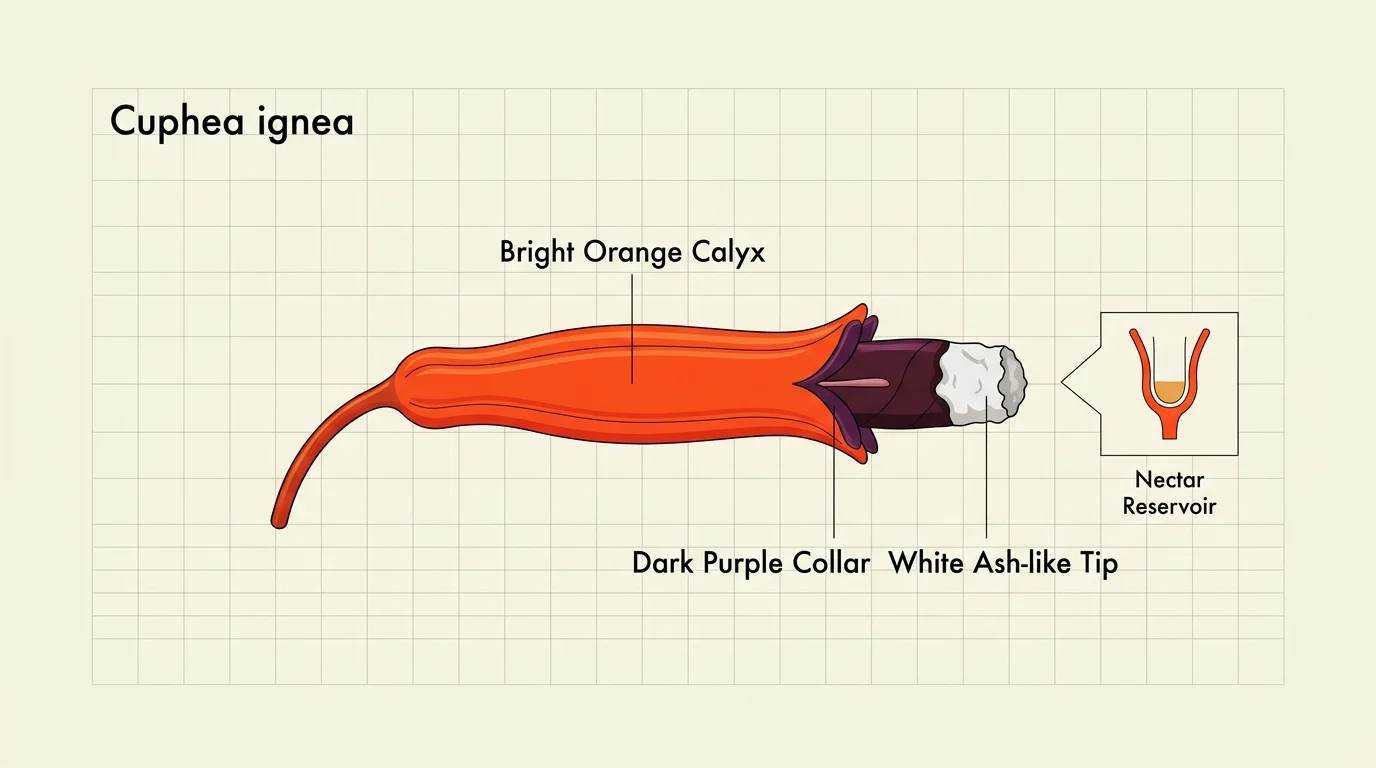 A clean botanical diagram of a cigar plant flower with labels indicating its orange tube and ash-like tip.