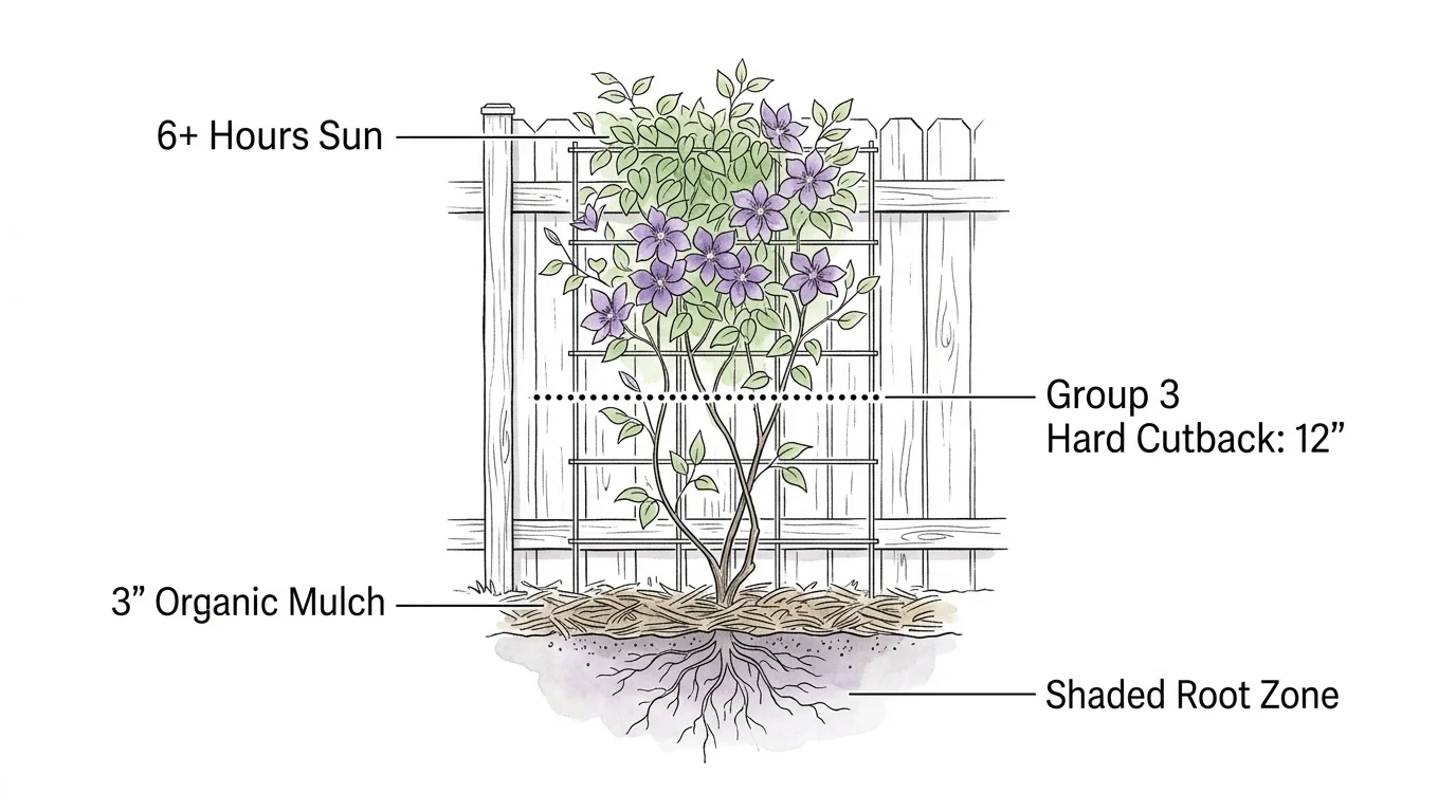 A clean botanical diagram showing planting instructions for Clematis, including shaded roots, sunlit foliage, and pruning heights.