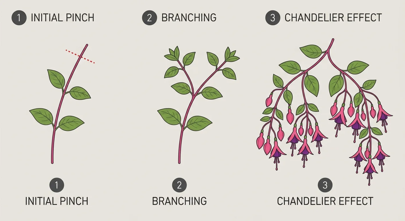 A clean step-by-step botanical infographic showing how successive pinching of fuchsia stems results in a dense, cascading chandelier branchi