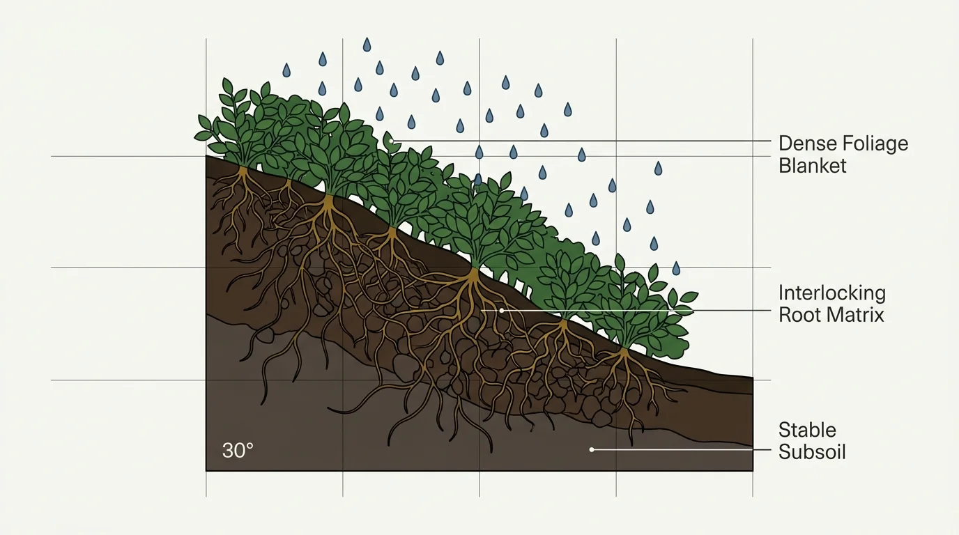 A clear cross-section diagram showing how groundcover plants and their roots stabilize soil on a slope during rainfall.