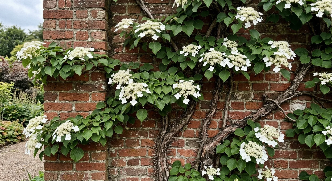 A climbing hydrangea with flat white flower clusters clinging directly to a weathered red brick wall with its woody stems.