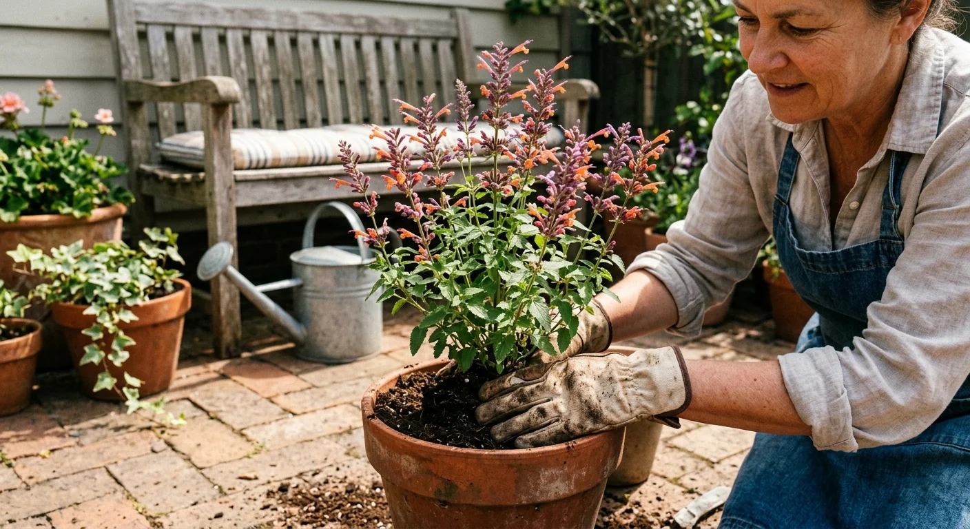 A close-up of a gardener's hands in canvas gloves planting purple hummingbird mint into a terracotta pot on a sunny patio.