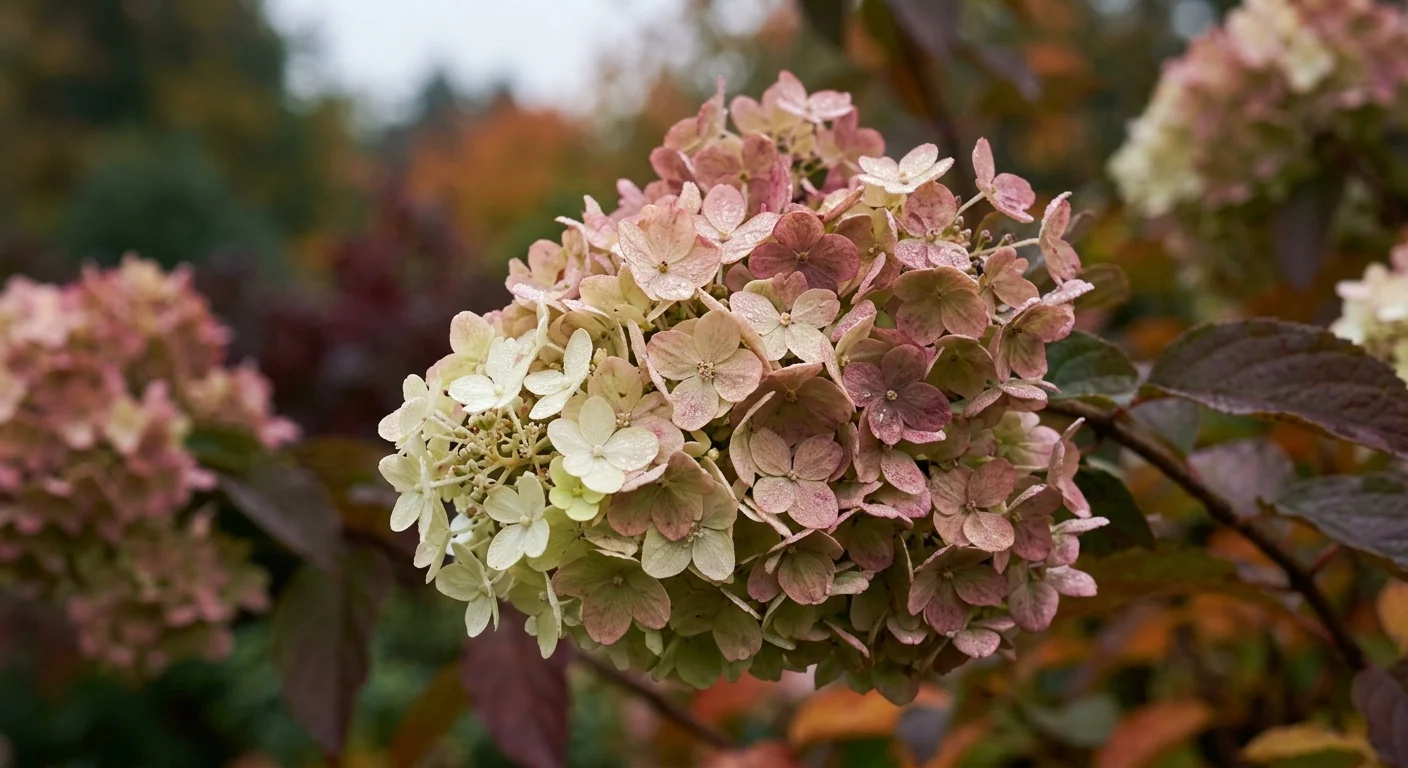 A close-up of a panicle hydrangea flower head transitioning from creamy white to dusty pink in late autumn.