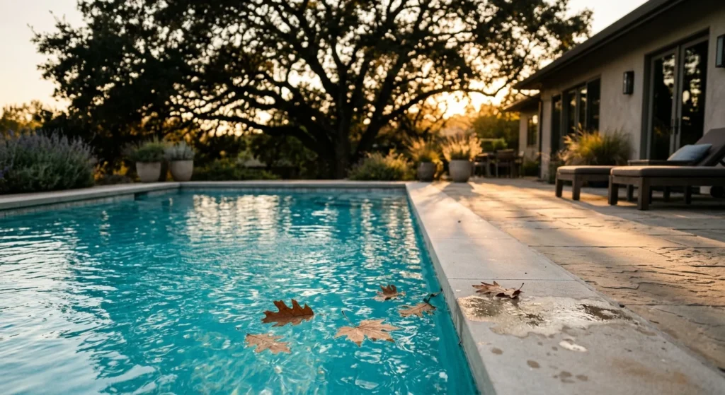 A close-up of dry leaves floating on the surface of a clear blue swimming pool under the shadow of a large overhanging backyard tree.