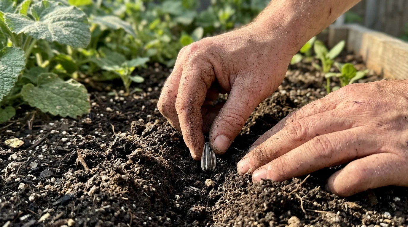 A close-up of hands planting a single striped sunflower seed into dark, rich garden soil under bright morning light.