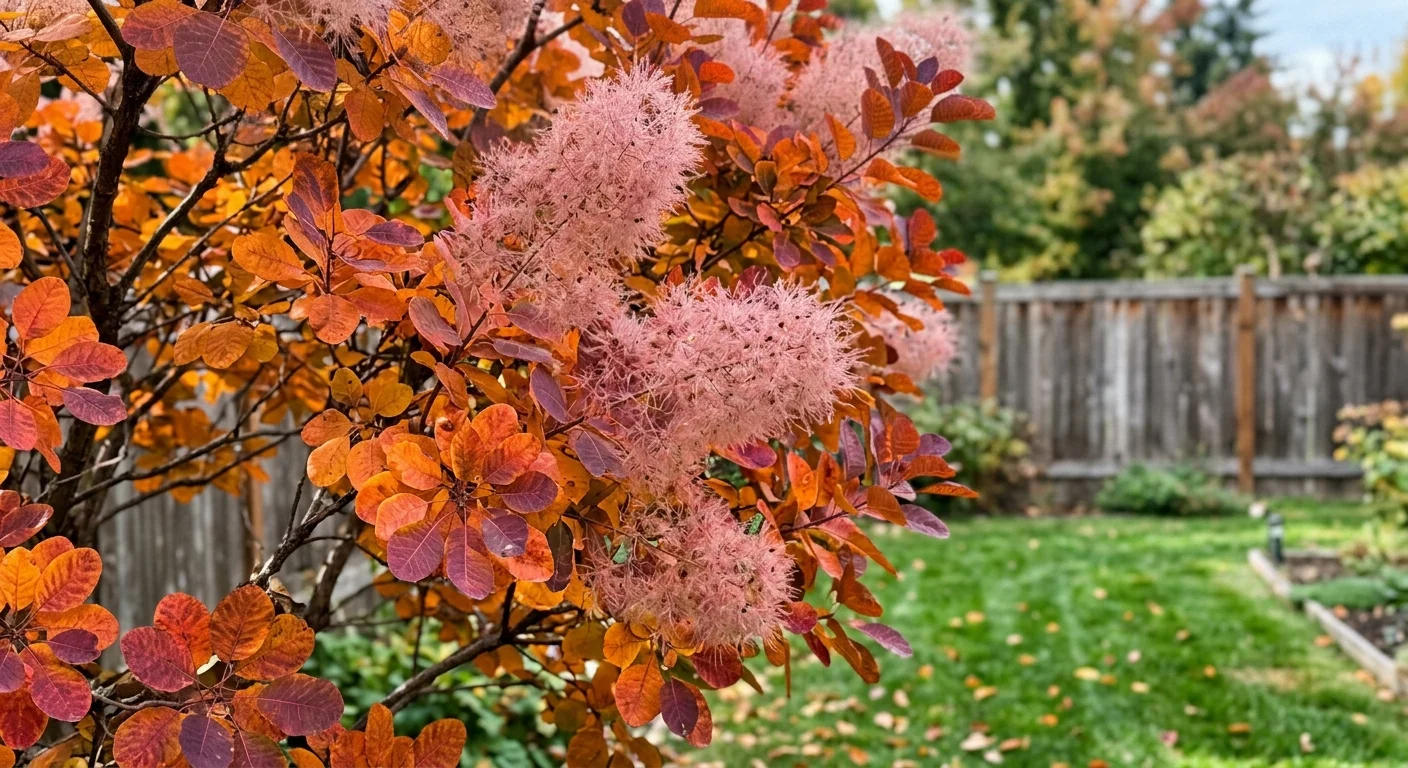 A close-up photo of an American Smoketree showing its unique smoky purple flower puffs against orange-purple autumn leaves.