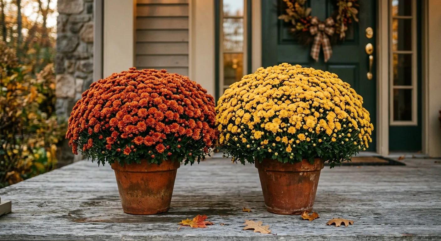 A close-up photo of dense, mounded autumn chrysanthemums in rust-orange and golden yellow blooming on a weathered wooden porch.