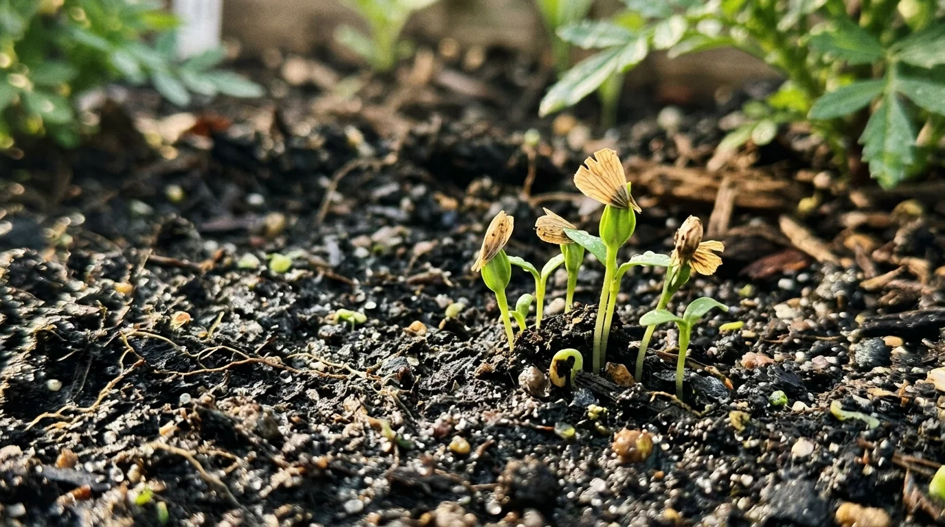 A close-up photo of tiny green marigold seedlings sprouting through damp, dark garden soil in warm morning sunlight.