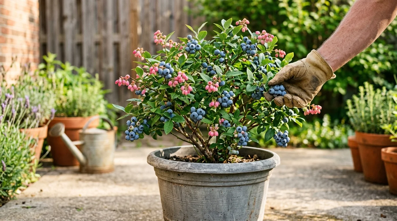 A close-up photograph of a compact Sunshine Blue blueberry plant heavy with fruit in a grey container on a sunny patio.