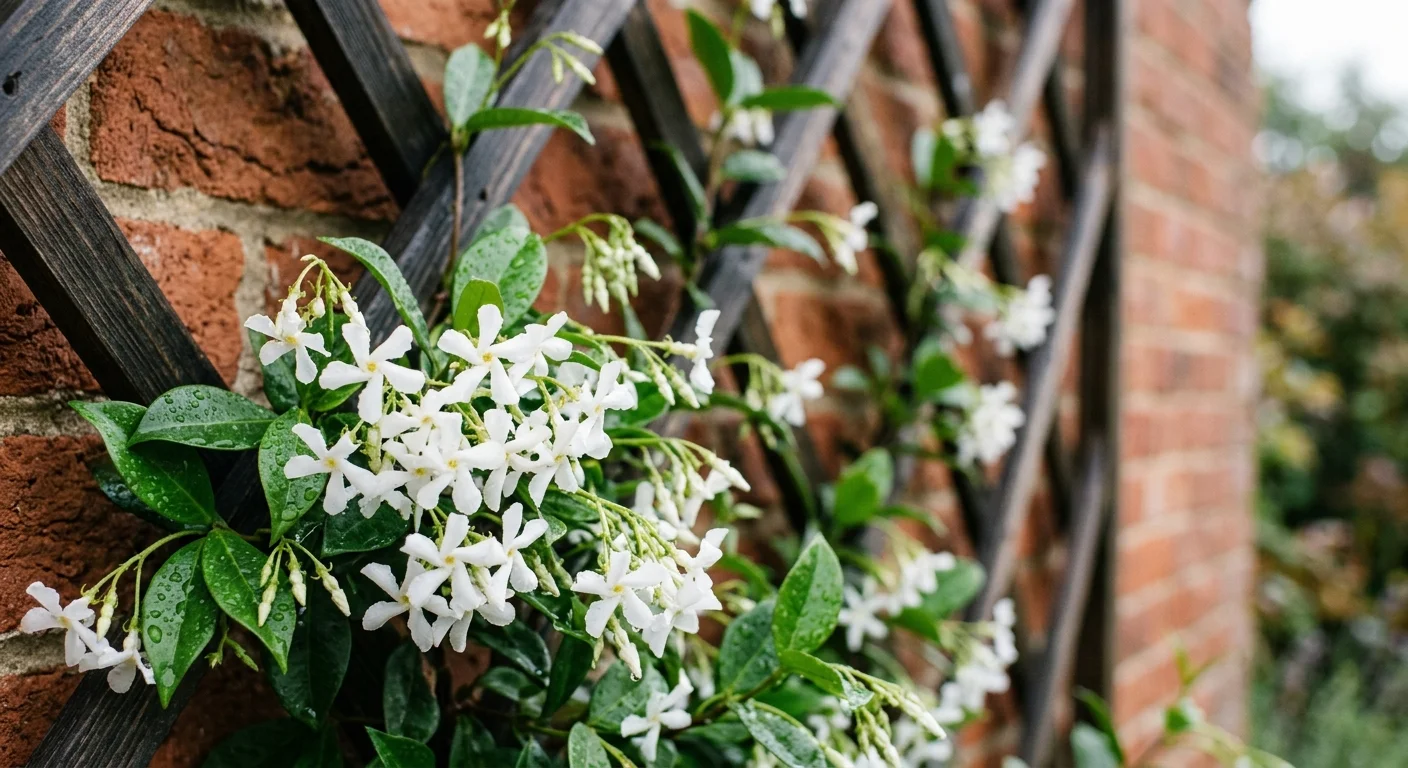 A close-up photograph of delicate, star-shaped white jasmine flowers climbing a dark wooden trellis against a brick wall.