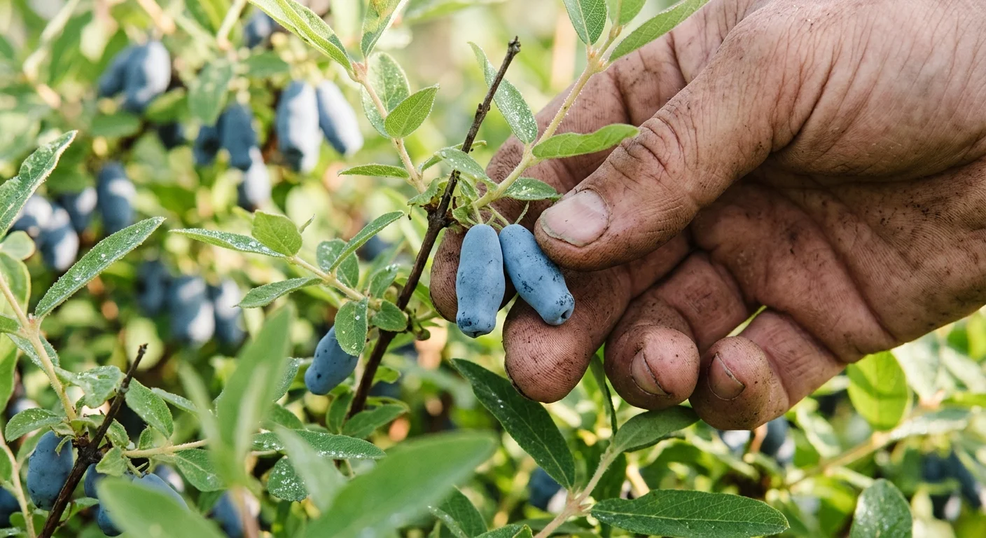 A close-up photograph of hands harvesting elongated, dusty-blue honeyberries from a leafy green shrub in the morning light.