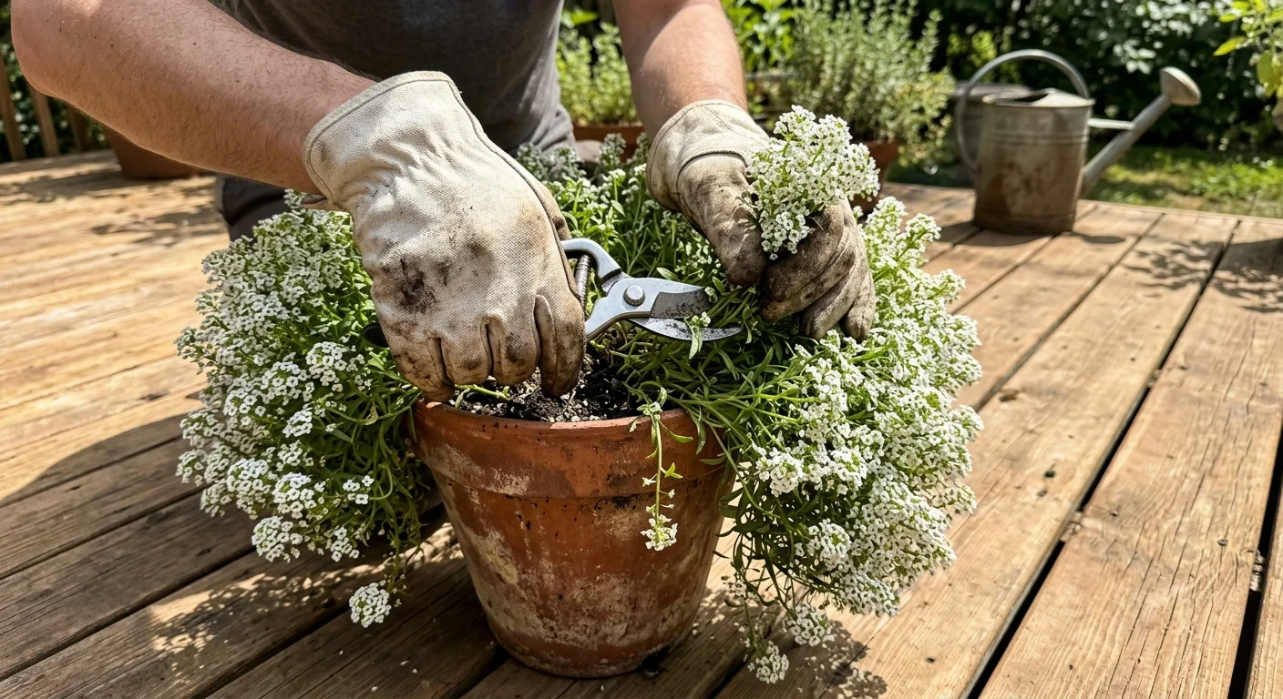 A close-up shot of a gardener's gloved hands using shears to trim back white sweet alyssum overflowing from a terracotta pot.