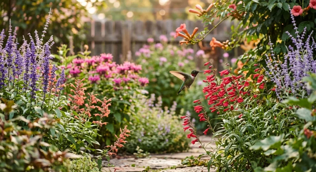 A close-up shot of a ruby-throated hummingbird hovering next to bright red tubular flowers in a lush backyard garden.