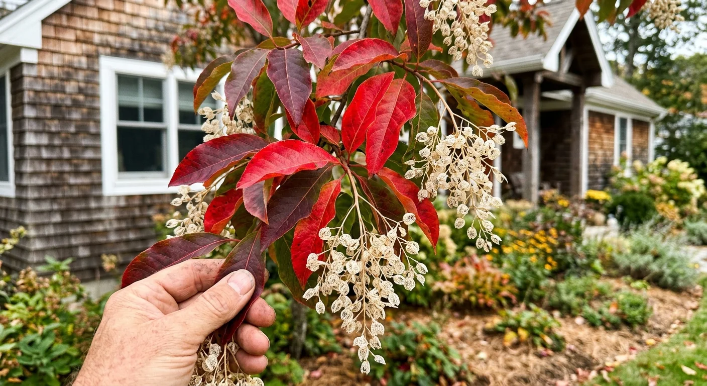 A close-up shot of a Sourwood branch featuring brilliant scarlet autumn leaves contrasted against cream-colored seed panicles.