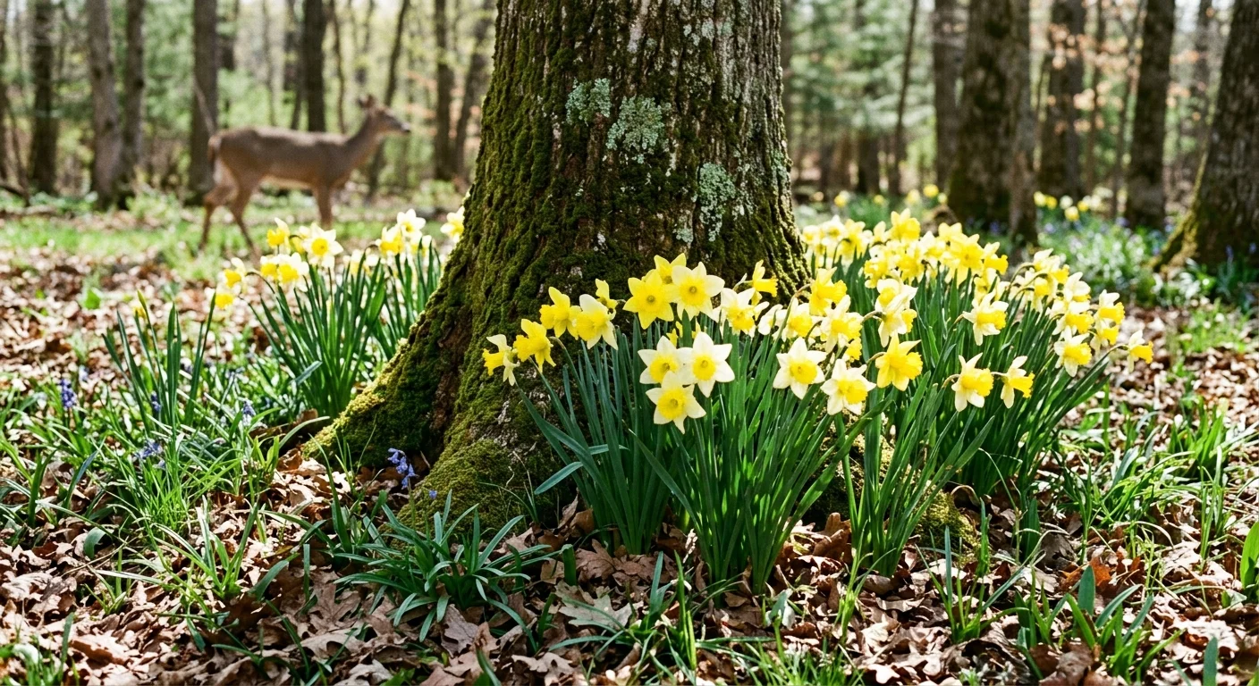 A cluster of yellow daffodils blooming at the base of a tree in a wooded garden, with a deer visible in the soft-focus background.