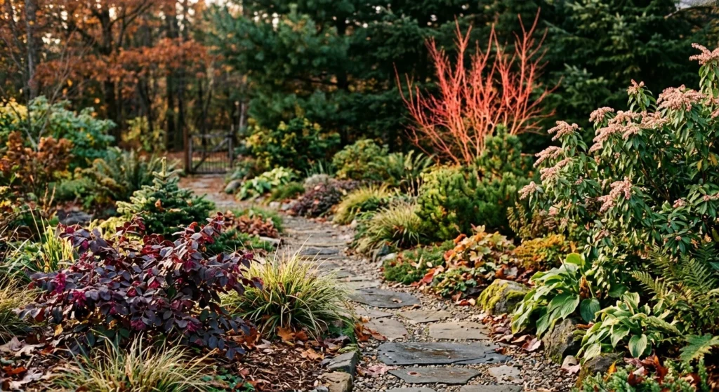 A colorful autumn garden path lined with vibrant evergreen shrubs, red dogwood stems, and fallen pine needles.