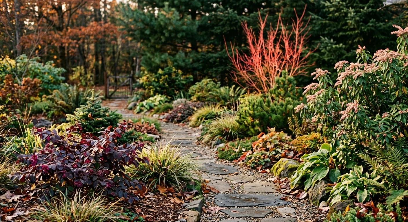 A colorful autumn garden path lined with vibrant evergreen shrubs, red dogwood stems, and fallen pine needles.