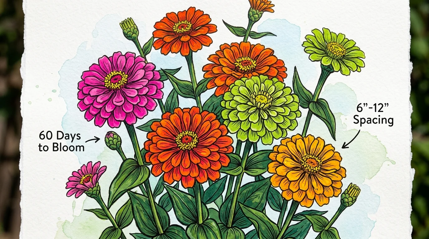 A colorful gouache illustration of neon pink, orange, and lime green zinnias with botanical spacing labels.