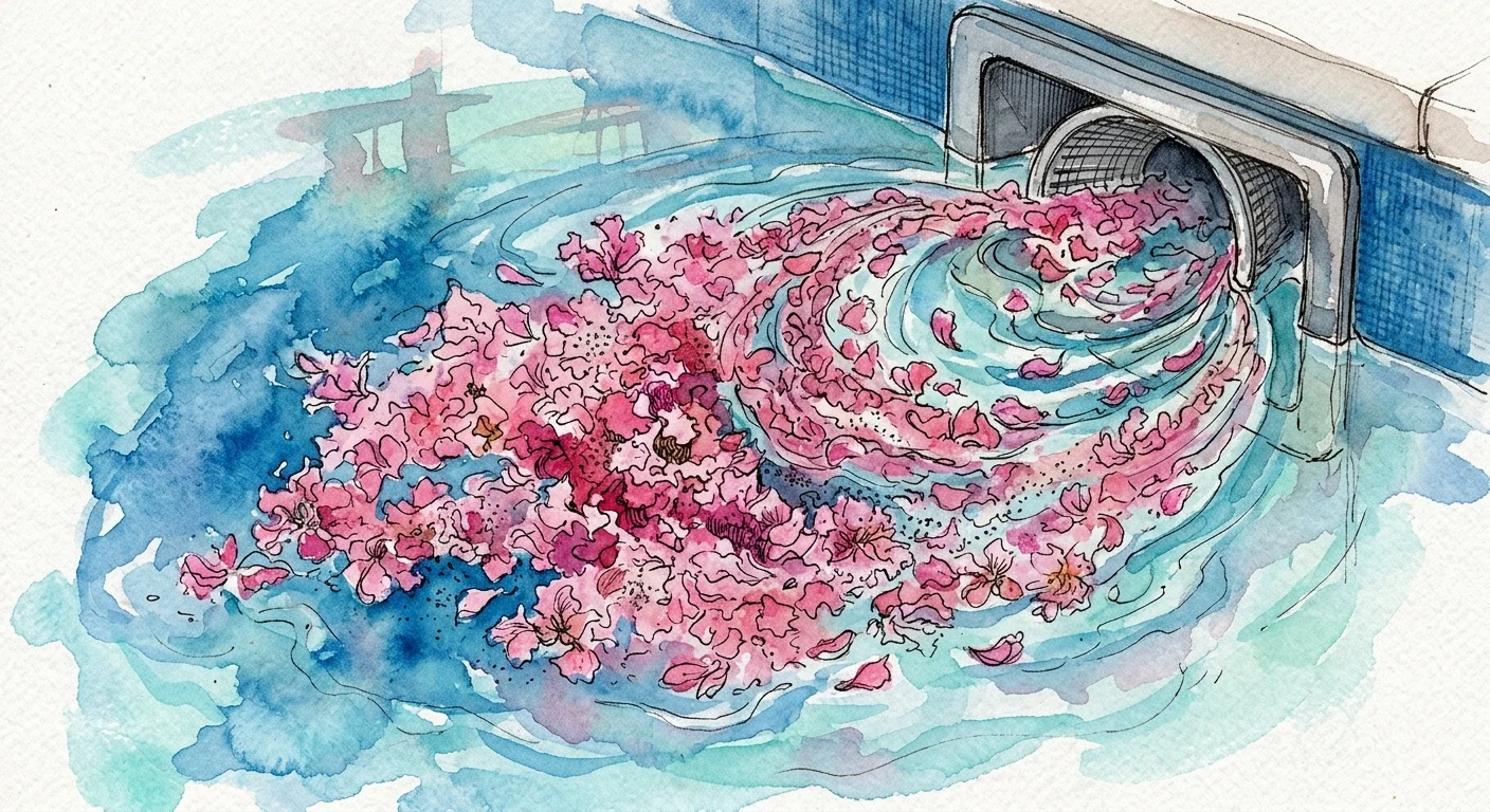 A colorful watercolor illustration of thousands of tiny pink crape myrtle petals clogging a pool skimmer.