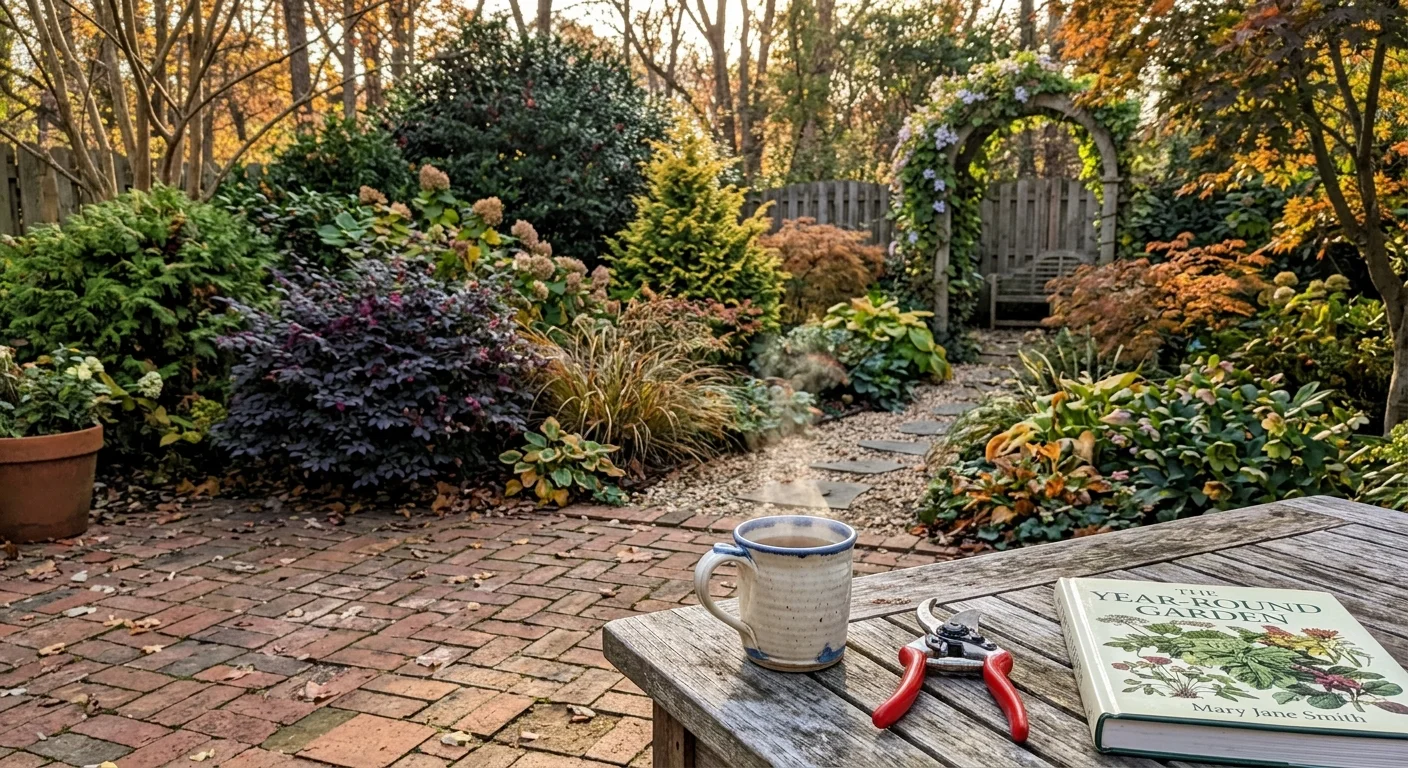 A cozy brick patio table with a steaming mug and pruning shears looking out at a colorful, mature autumn garden.