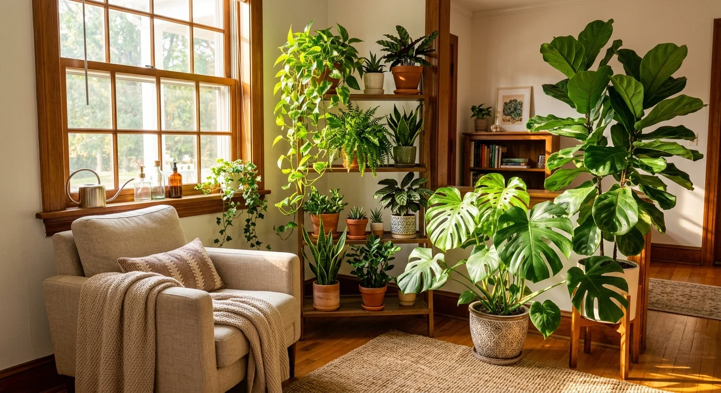 A cozy, sunlit living room corner filled with thriving, healthy green houseplants.