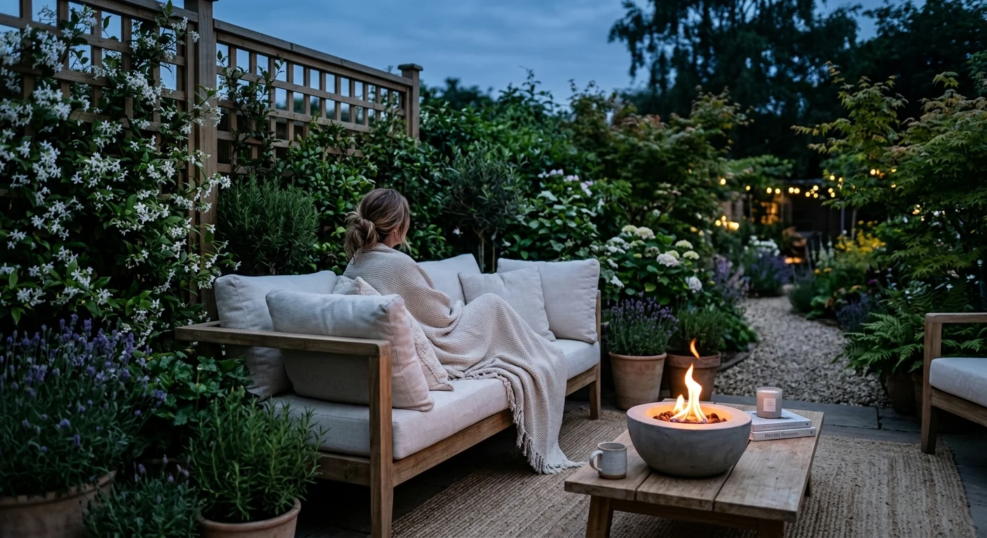 A cozy twilight scene of a teak sofa with linen cushions next to a glowing fire pit and fragrant climbing jasmine.