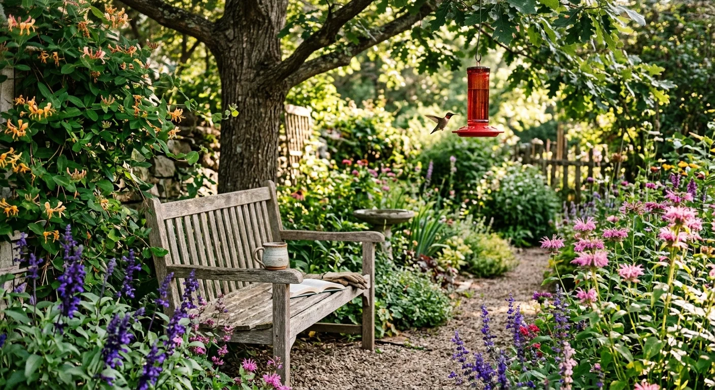 A cozy wooden garden bench nestled among colorful hummingbird-friendly flowers with a red feeder hanging in the background.