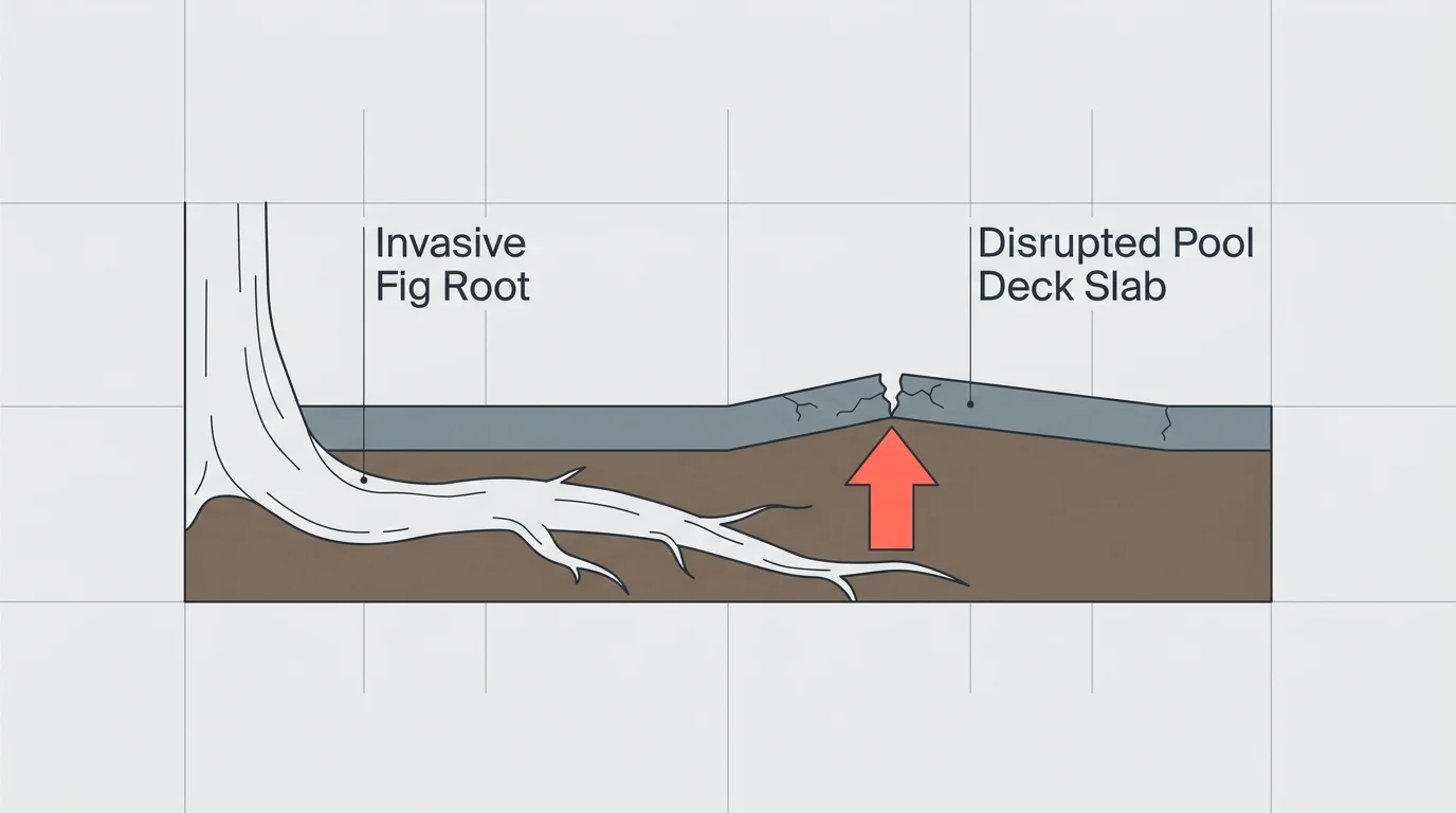 A cross-section diagram showing a thick fig tree root lifting and cracking a concrete pool deck slab.