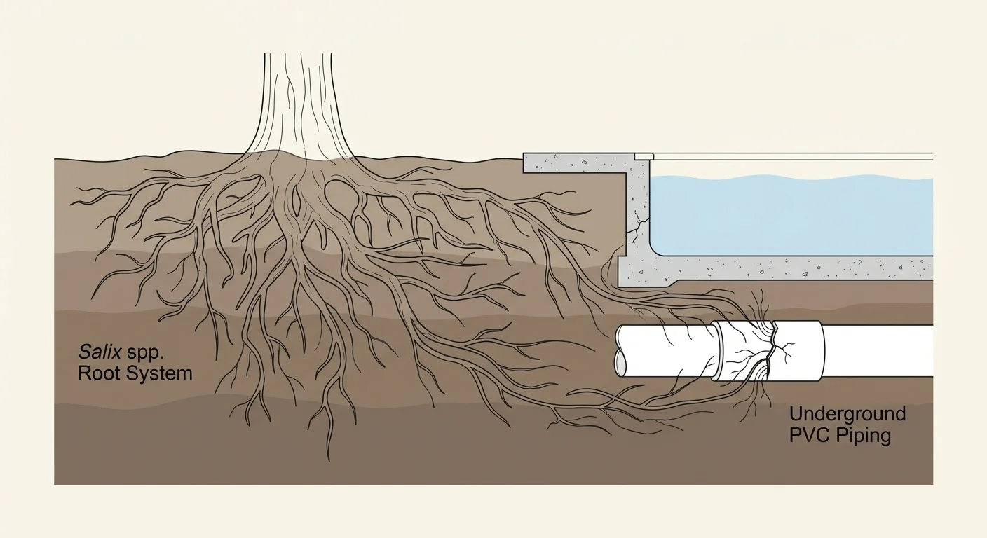 A cross-section diagram showing aggressive willow tree roots spreading horizontally and breaking into an underground PVC pipe near a pool.