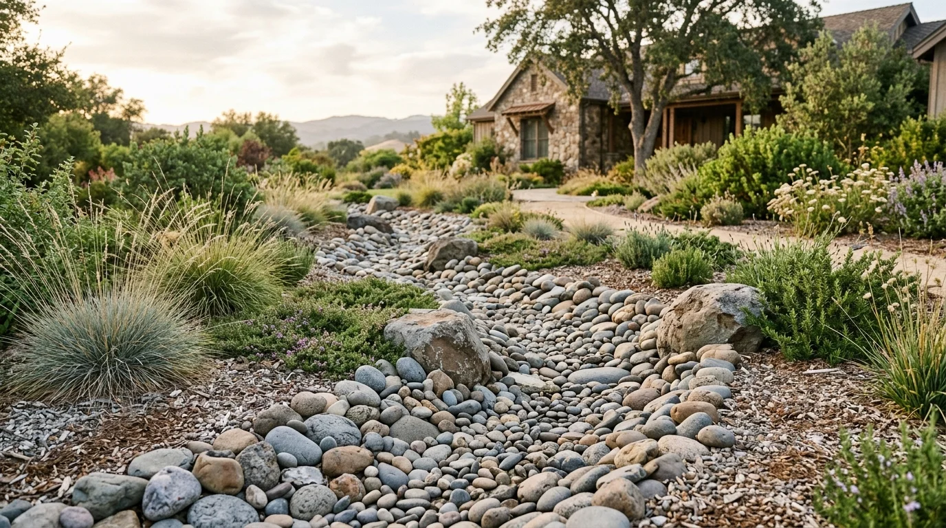 Dry river rock creek bed meandering through a landscaped yard with ornamental grasses toward a stone house.