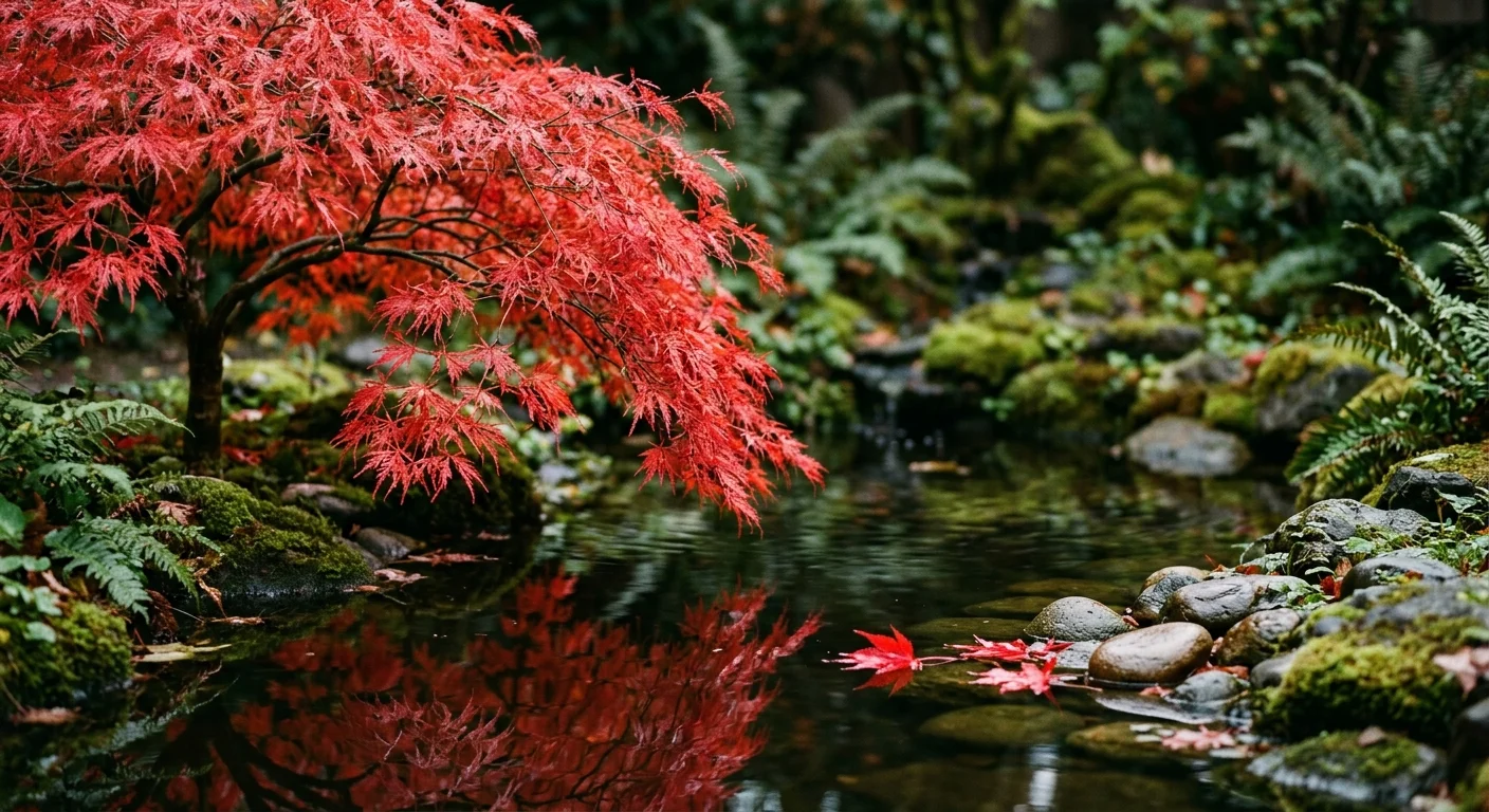 A delicate red Japanese Maple tree casting a reflection over a small stone garden pond in autumn.
