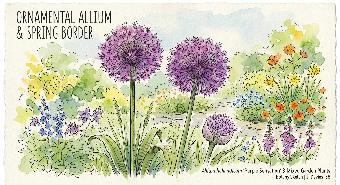 A delicate watercolor and ink sketch of spherical purple ornamental alliums standing tall in a sunny spring border.