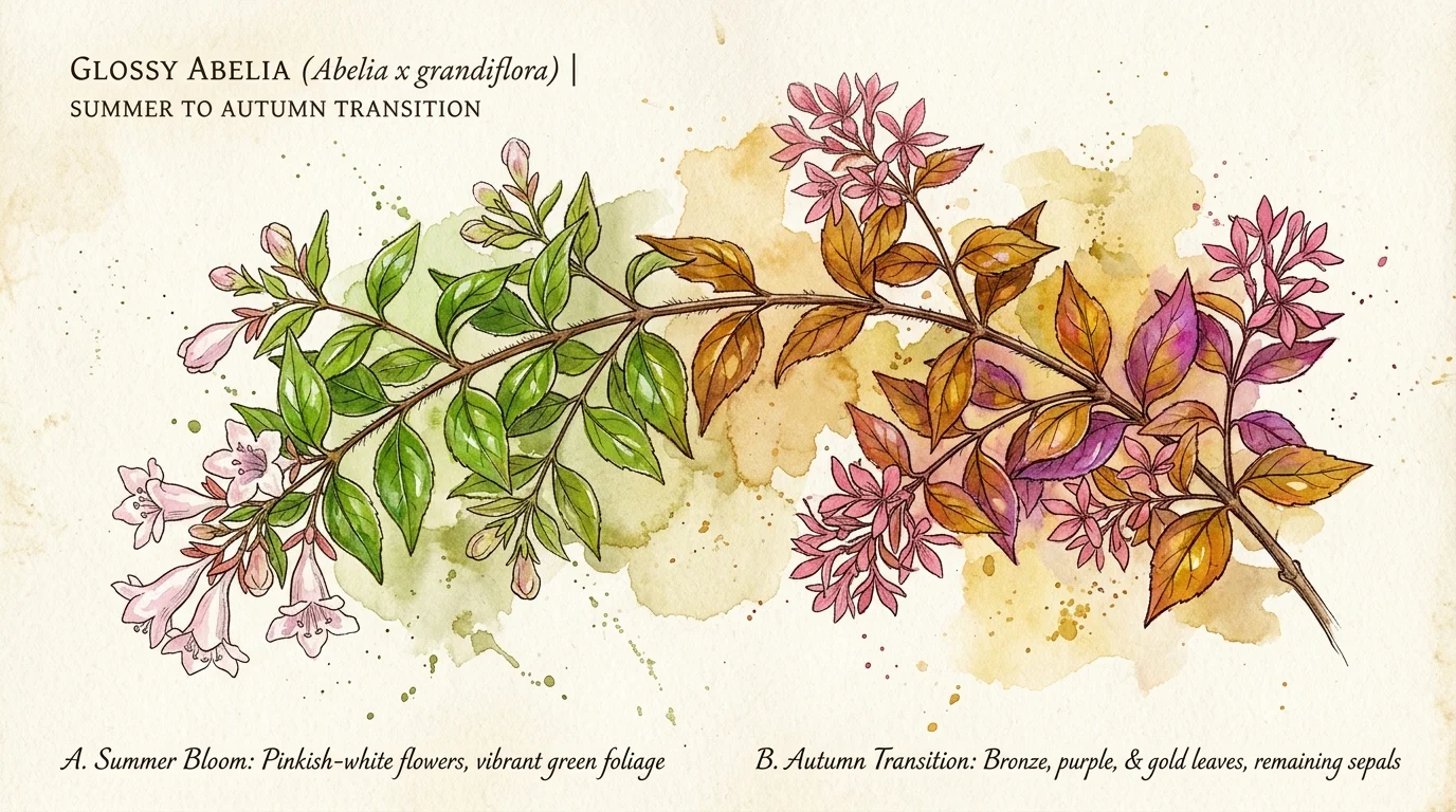 A delicate watercolor illustration of a Glossy Abelia branch showing pinkish-white flowers and bronze autumn leaves.