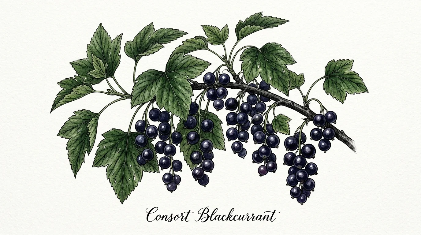 A detailed botanical watercolor print of a blackcurrant branch laden with glossy, dark purple-black berries.